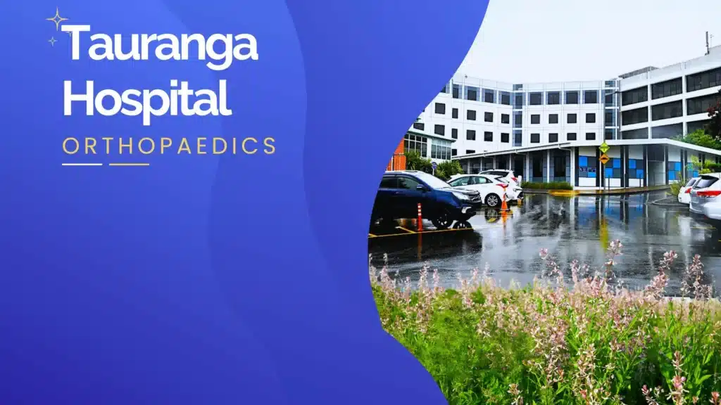Tauranga Hospital building with parking lot and rainy weather.